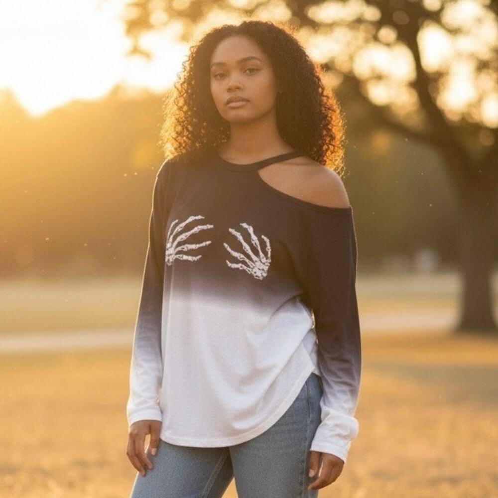 Shein One Cold shoulder Supportive Skeleton Hands Long Sleeve Top Sz XL